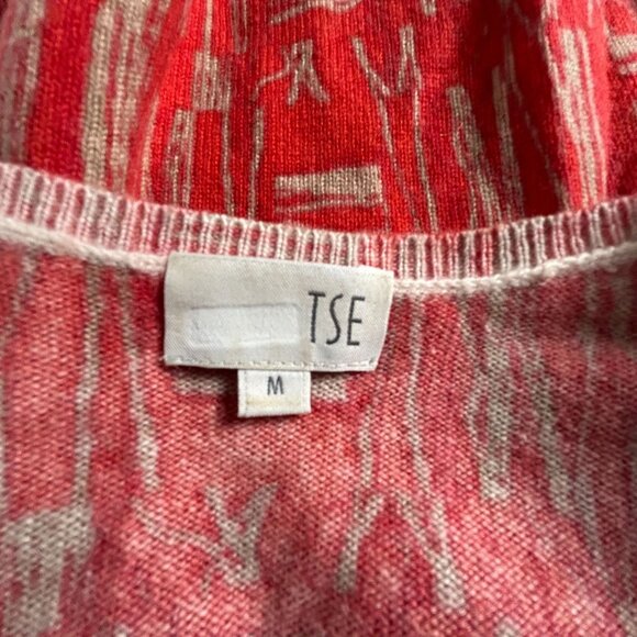 TSE Womens Red Beige Abstract Pattern Cashmere V-Neck Sweater Medium Pullover - Picture 3 of 9